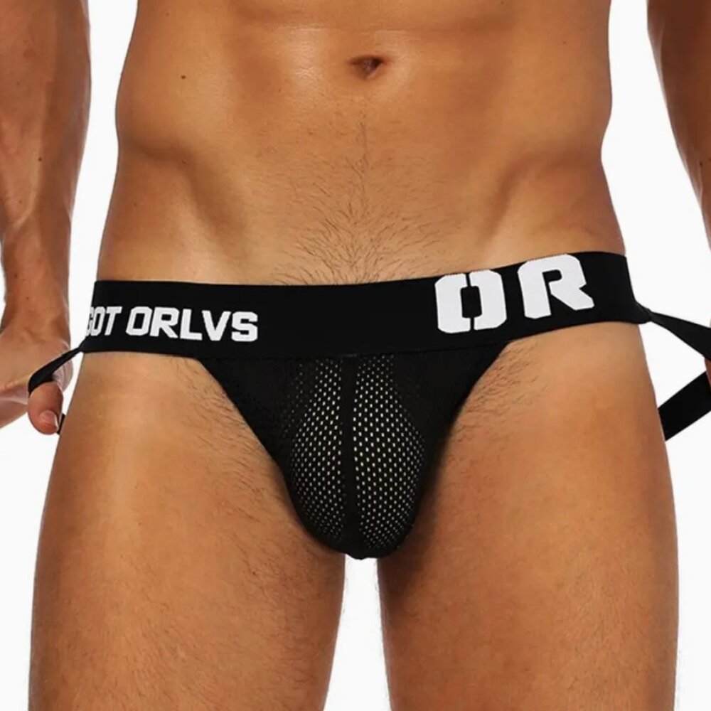ORLVS Men's Black Sexy Low Waist Jockstrap Large